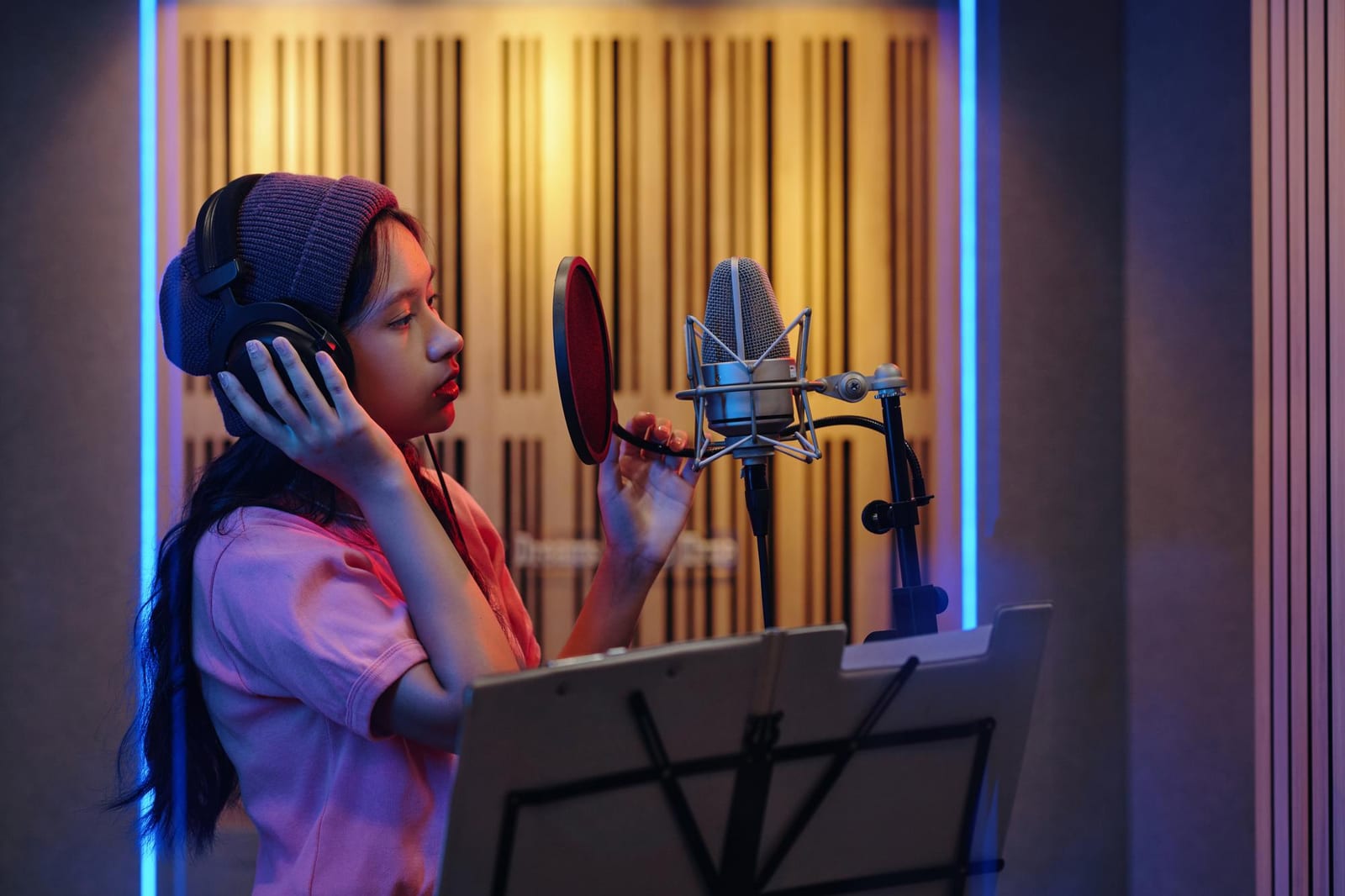 Cantora com fones de ouvido grava diante de microfone e estante de partitura em estúdio com painéis acústicos.